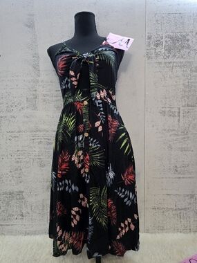 Floral Tie-Front Black Midi Dress with Tropical Print